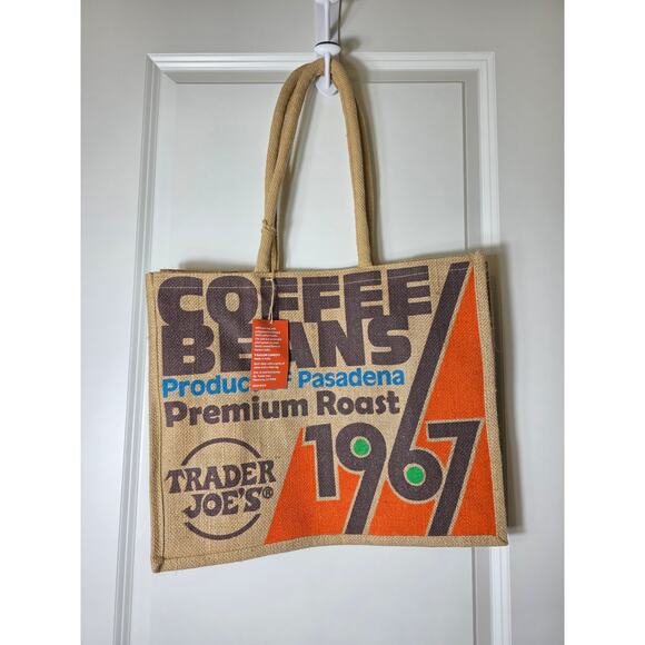 TRADER JOE'S Coffee Beans 1967 Burlap Tote Bag Pasadena NEW Premium Roast NWT - Picture 1 of 5